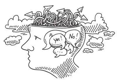 a cartoon of a human head with arrows going in different directions and speech bubble that say "yes!" and "no!"